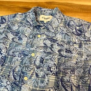 Corridor New York Shirt Mens Large Blue Paisley Plaid Short Sleeve Cotton
